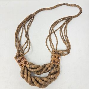 GERDA LYNGGAARD MONIES Teak Wood Amber‎ Cube Necklace Handmade Modernist Boho